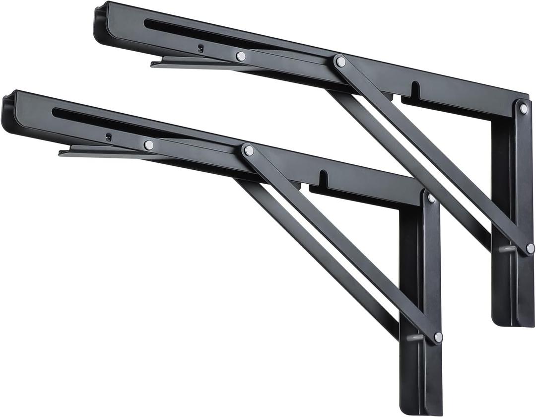 Toirxarn 10" Heavy Duty Black Folding Shelf Brackets - Steel Collapsible Bracket for Space Saving Wall Mounted Desk, DIY Workbench, Foldable Table & Countertop Extension, Max Load 330lb, Pack of 2