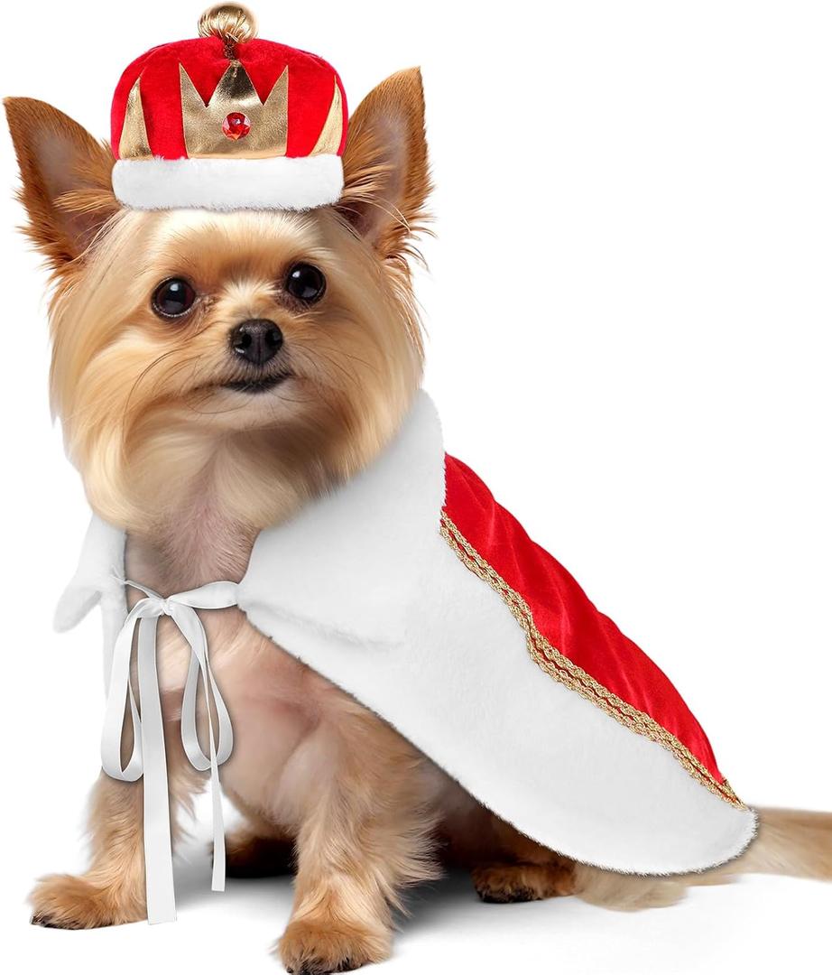 Halloween Dog King Costumes Pet King Fur Cloak Cape and Crown Hat Set for Small Medium Large Dog Cat Halloween Queen Prince Cosplay Dress Outfit for Holiday Party Photo Props(S,Red)