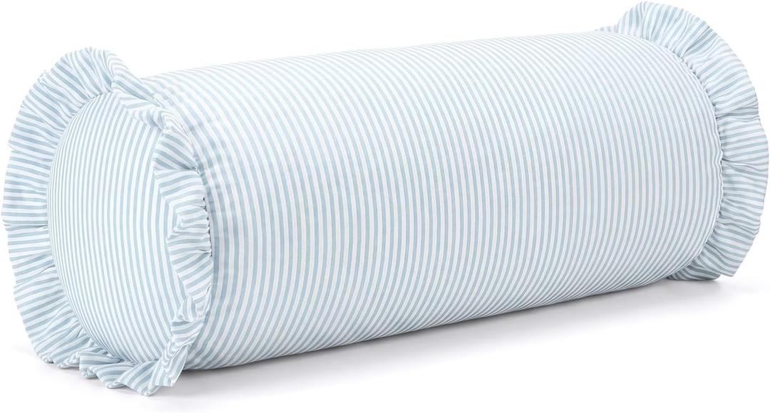 Ruffle Bolster Pillow Cover 8" x 20" Light Blue Stripes Print