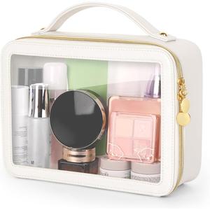 Soimeat Clear Makeup Bag, Portable Travel Cosmetic Bags, Multipurpose Leather Toiletry Bag with Zipper, Waterproof Transparent Cosmetic Organizer for Women, Large, Beige (EXP 07/31/36)