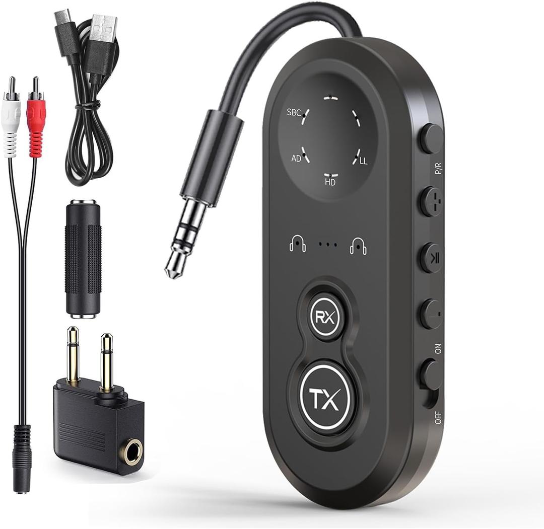 Bluetooth 5.4 Transmitter Receiver for 2 Airpods or Headphones, Airplane Bluetooth Adapter with aptX Low Latency, 20Hr Playtime, 3.5mm Audio AUX Jack for Flight,TV,PC,Gym,Tablets Car Stereo