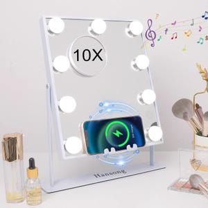 Hansong Lighted Vanity Mirror with Bluetooth Speaker and Wireless Charging Makeup Mirror with Lights 9 Dimmable Bulbs Lighted Makeup Mirror 3 Color Lighting Tabletop (White) (12"L x 10"W)