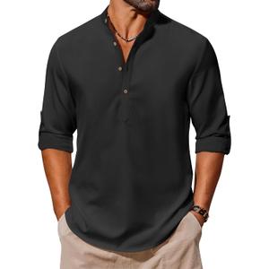 COOFANDY Men's Casual Henley Shirts Long Sleeve Band Collar Lightweight Beach Shirts Summer T-Shirts (Black, XL)