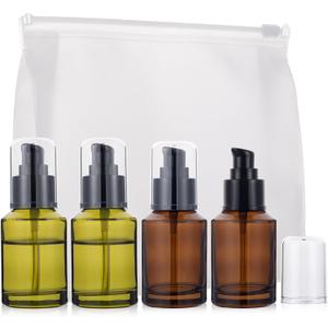4 Pack 2oz Glass Pump Bottles Set for Toiletries, 2 Amber & 2 Green Pump Bottle Dispenser with Travel Pouch, Leak-Proof Mini Pumps Dispenser for Lotion, Serum, Oil - TSA Approved Travel Size Container