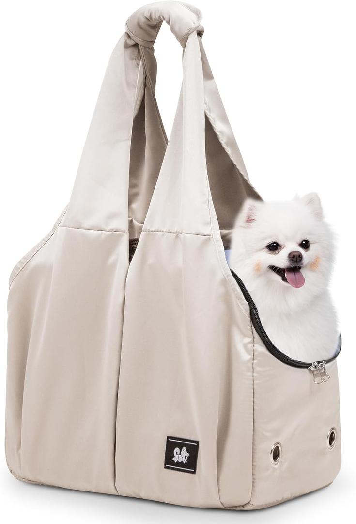 Dog Purse Carrier for Small Dogs, Cats, and Puppies Soft-Sided Travel Pet Tote Bag with 4 Large Pockets, Foldable, Lightweight, Fits Pets up to 15 lbs, for Travel, Outings (Beige)
