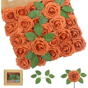 100PCS Artificial Flowers Burnt Orange Roses Real Looking Foam Fake Roses with Leaves and for DIY Wedding Bouquets Bridal Shower Centerpieces Party Decorations (Burnt Orange, 100)