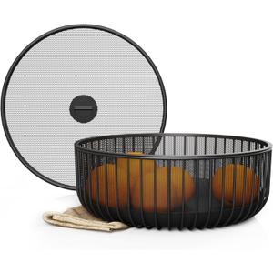 Metal Fruit Bowl with Mesh Lid and Basket - Fruit and Vegetable Holder For Kitchen Counter - Countertop Display Baskets Organizer - Bowl Storage for Veggie, Fruits, Snack, and Banana - Black