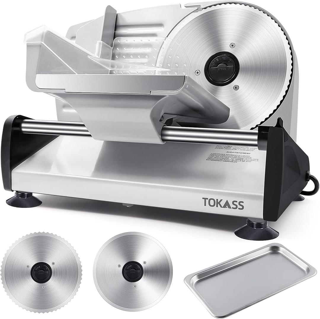 200W Meat Slicer Machine for Home Use, Deli Slicer with 2 Removable 7.5'' Stainless Steel Blades, Adjustable Dial for 0-15mm,Electric Food Slicer for Meat, Bread, Easy to Clean (200W+2 Blades+Silver)