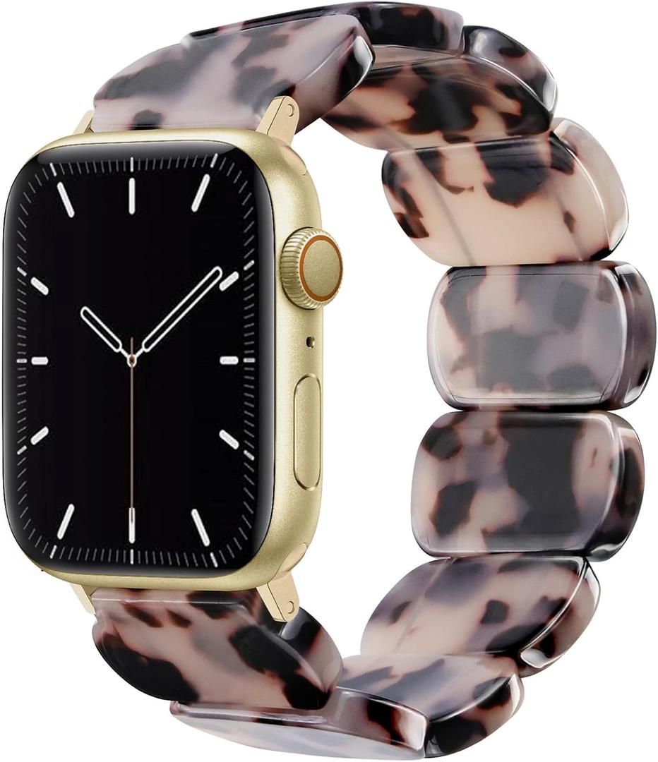 Newlibery Resin Stretchy Watch Bands Women Compatible with Apple Watch 38mm 40mm 41mm 42mm (S11/10) Tortoise Light Bracelet Beaded Elastic Strap for iWatch Series11/10/9/8/7/6/5/4/3/2/1/SE/Ultra (S)