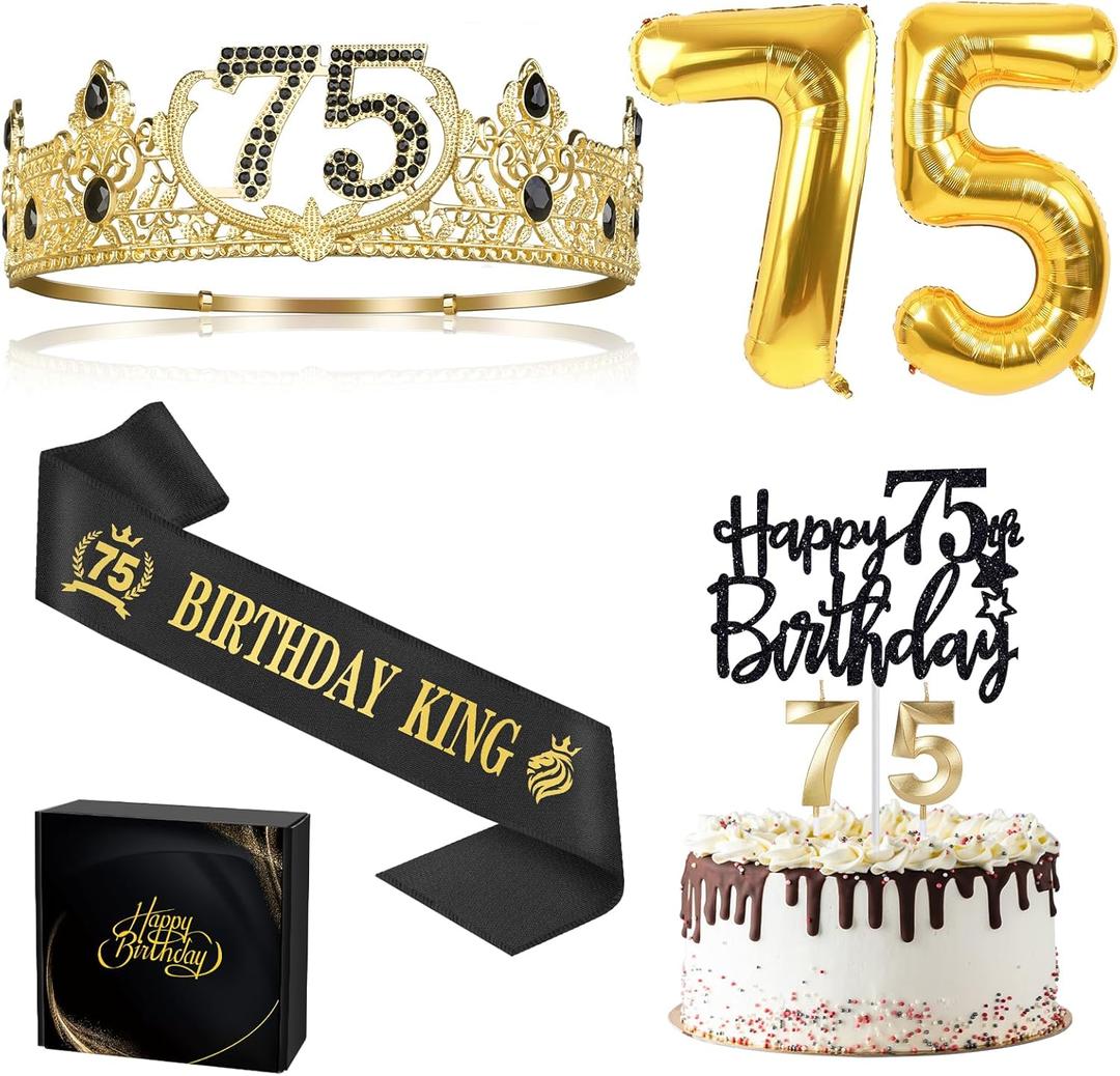 75th Birthday Gifts for Men, 75th Birthday Decorations for Men, Party Decor Supplies Including King Crown & Sash & Balloons & Cake Topper & Candles