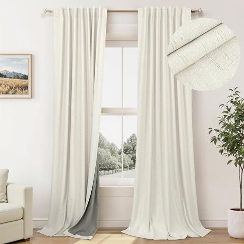 Blackout Curtains 50x100 Inches Long Custom Rustic for Living Dining Room Darkening Faux Linen Curtains Drapes Weather Burg Thermal Insulated Sound Draft Cold Warm Blocking Curtain No Light Cream Back Tab