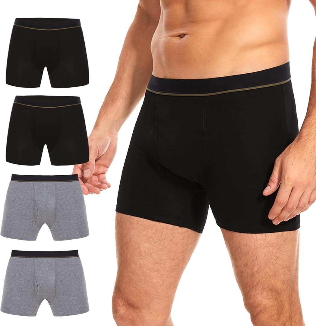 Washable Incontinence Boxer Briefs for Men - Cotton Urinary Leakproof Underwear with Fly, Enhanced Front & Rear Protection 150 ml Absorbency (3 Pack, 2XL, 2 Black + 2 Gray)