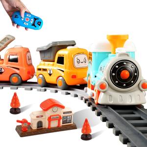 Steam Train Set for Toddlers  Cartoon Face Locomotive with Remote Control, Real Steam, Lights & Music  Magnetic Toy with Tracks & Trucks (19052D-1)