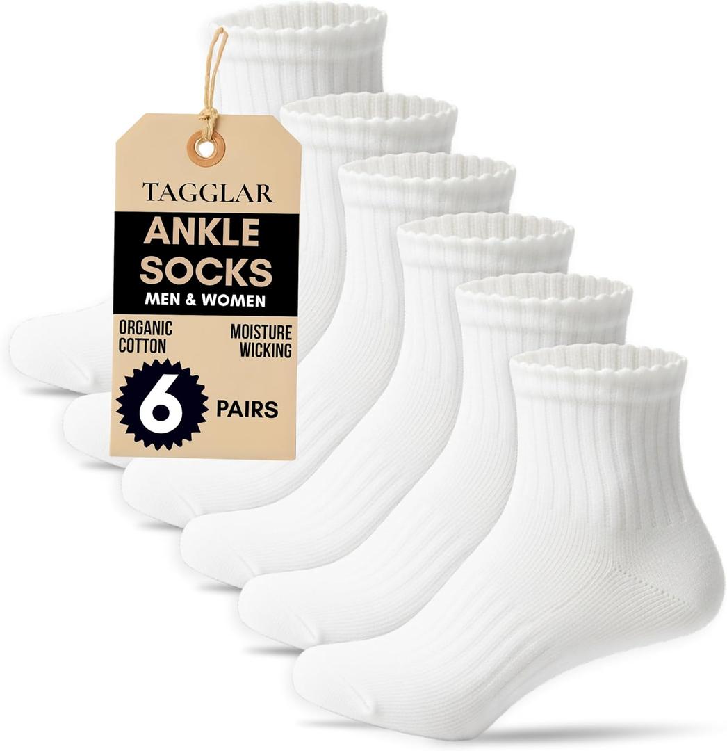 Ankle Socks for Men & Women 78% Organic Cotton, Moisture Wicking, Arch Support,Cushioned Athletic Comfort (6 Pairs) (White, M)