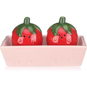 3 Pcs Strawberry Salt and Pepper Shakers Set, Cute Salt and Pepper Shakers with Pink Tray Funny Ceramic Spice Dispenser Storage Canisters for Housewarming Kitchen Table Supplies
