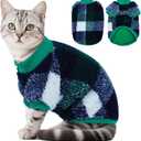 DENTRUN Cat Sweater Winter Clothes - Plush Fleece Coat with Cotton Lining, Anti-Static, Front Legs Kitten Pajamas, Stretch Ribbed Cuffs for Warmth, Cozy Christmas Outfit for Small Medium Large Cats (Green Plaid), L