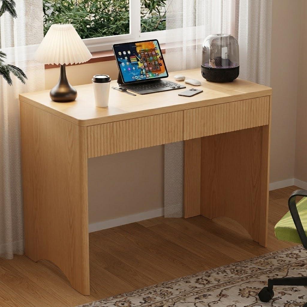 woodtalks 40 Inch Fluted Desk with 2 Drawers, Modern Wooden Desk for Home Office & Study, Compact Computer Desk with Drawers for Small Spaces, Bedroom & Living Room (Light Wood)