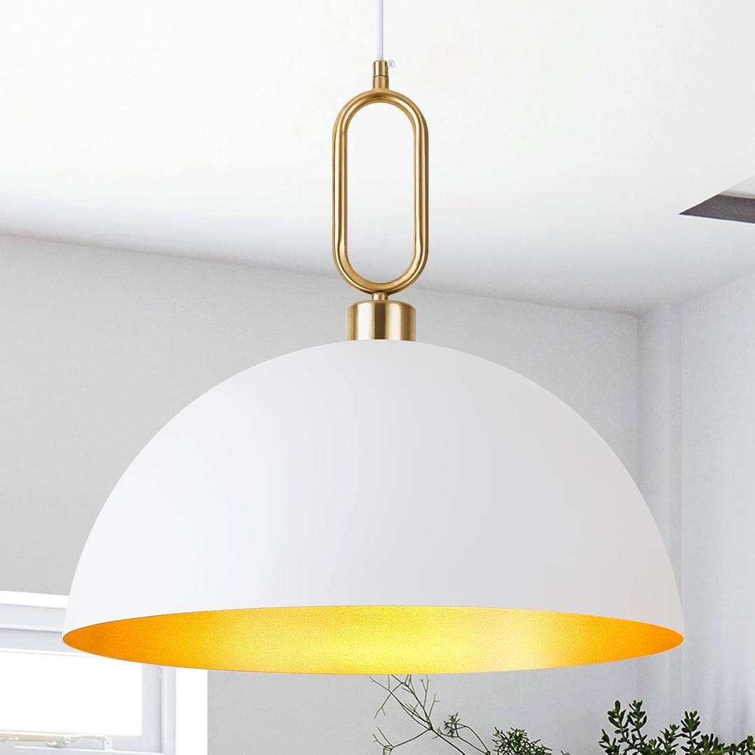 19.7''White and Glod Pendant Light Farmhouse Vintage Pendant Lighting Fixtures Industrial Large Rustic Dome Chandelier for Kitchen Island, Hallway, Dining Room, Bedroom (19.7 in White and Gold)