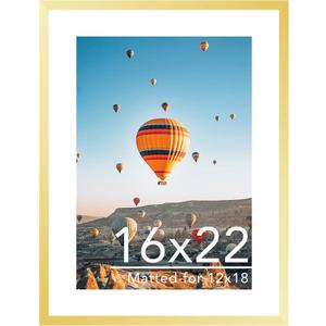 JCJMY 16x22 Picture Frame with 12x18 Mat, Display Photo 12x18 with Mat or 16 x 22 Without Mat, Wall Hanging Large 16 by 22 Poster Frame with Plexiglass, Gold