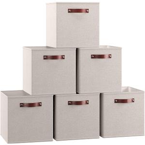 Ornavo Home 13 x 13 Storage Cube Bins, Foldable Collapsible Fabric Storage Bins Box Linen Shelf Basket Cube Organizer for Closet with Leather Handles, 6 Pack, Beige