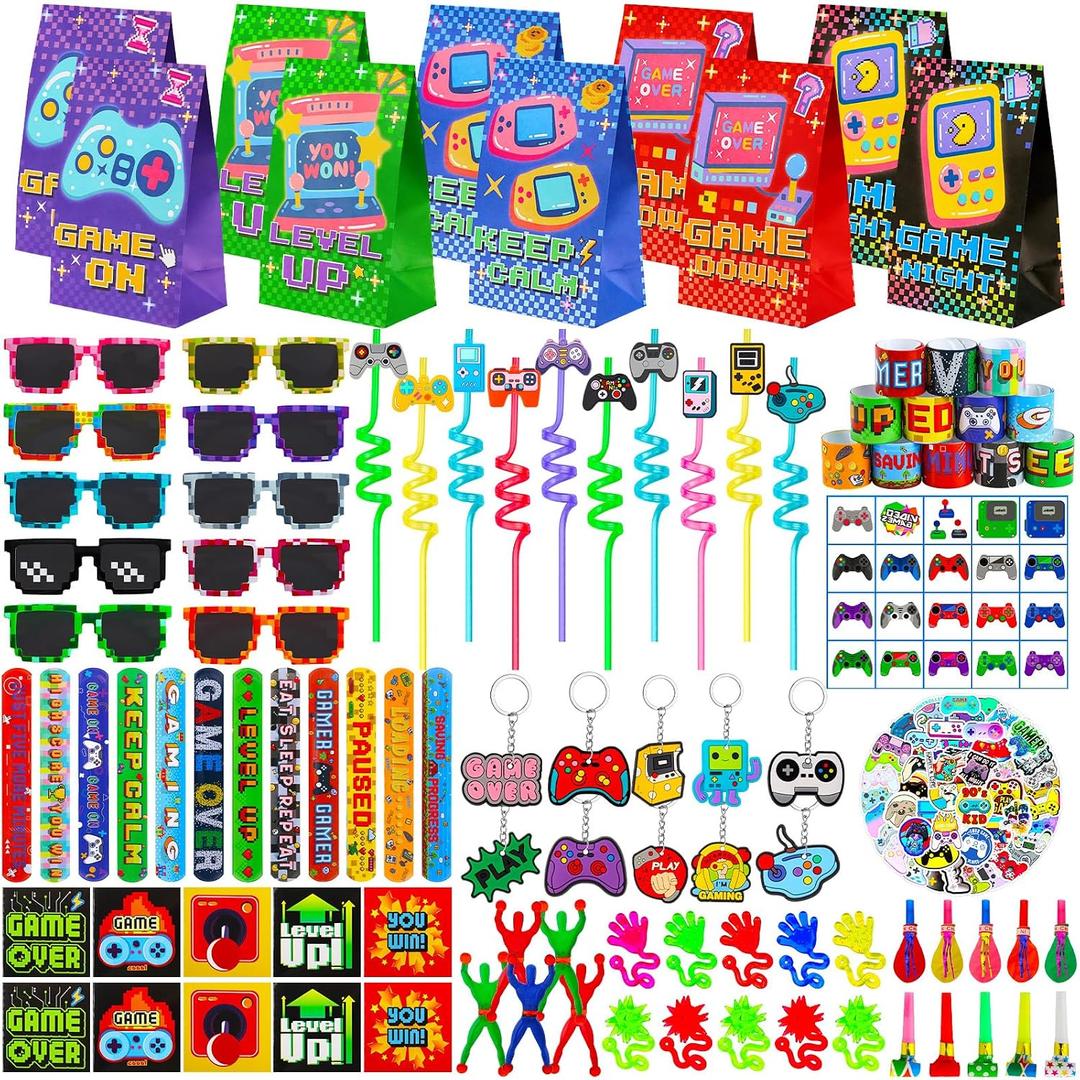 170 Pcs Video Game Party Favors Kit With Gaming Goodie Bags Sunglasses Crazy Straws Stickers for Kids Birthday Prizes, All-in-One Video Game Theme Party Supplies for Boys & Teens