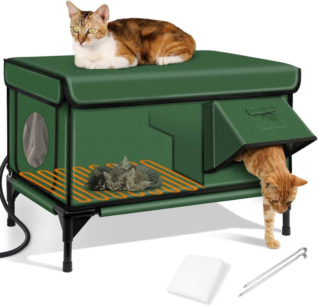 Heated Cat House for Outside,Dual Camera Mounts,100% Weatherproof & Extremely Insulated,Elevated Feral Cat Shelter with Escape Door,Waterproof Eaves for Outdoor Stray Barn Cat(Army Green,M) (23.6"L x 16.5"W x 18.5"H)