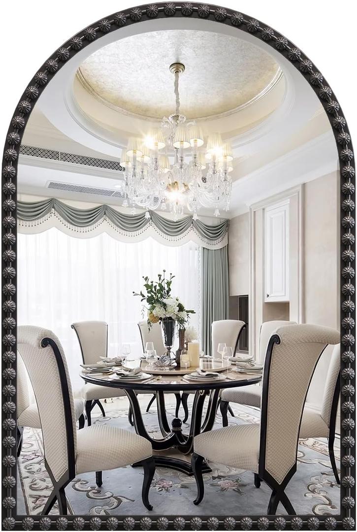JIINGYO Arched Mirror for Wall, 22"x30" Black Arch Bathroom Vanity Mirror, Metal Floral Frame Decorative Arch Wall Mirror, Matte Black Arched Mirror for Washroom, Bedroom, Entryway, Living Room