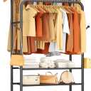 Furologee Clothes Racks for Hanging Clothes, Portable Rolling Garment Rack, Sturdy Metal Free Standing Clothes Racks with Wheels, Double Rods Wardrobe Rack for Bedroom, Laundry Living Room (Black)