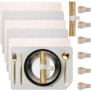 Faux Leather 100% Waterproof Oil-Proof Wipeable Heat Resistant Vinyl Placemats Set of 6 for Dining Table, Kitchen, Coffee Table, Indoor & Outdoor, Non-Slip, Easy Clean, Parties & GiftsLight White