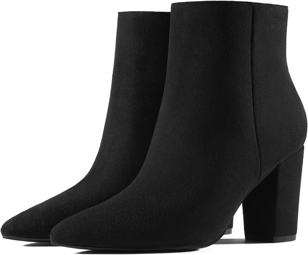 Rollda SUEDI Women's Pointed Toe Ankle Boots Chunky High Heel Ankle Booties Side Zipper Short Boots (11)