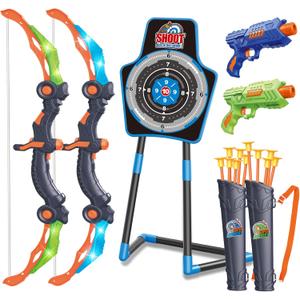 SpringFlower 2 Bow and Arrow Sets with LED Light-up,2 Foam Dart Guns for Kids 5 6 7 8 9 10+ Years Old, Archery Set with Standing Target for Boys & Girl, Ideal Gift (Blue)