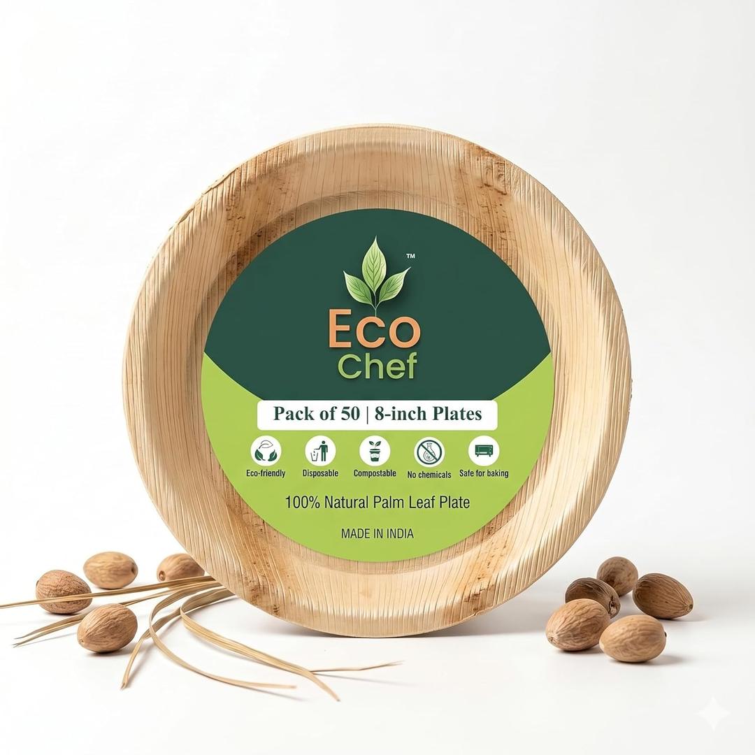 Eco Chef Palm Leaf Plates 8 Inch Round | 50 Pack | Pressed With Only Water — Zero Chemicals or Coatings | Home Compostable 60–90 Days | Microwave Safe 2 Min | Lunch & Side Plates for Catering Events