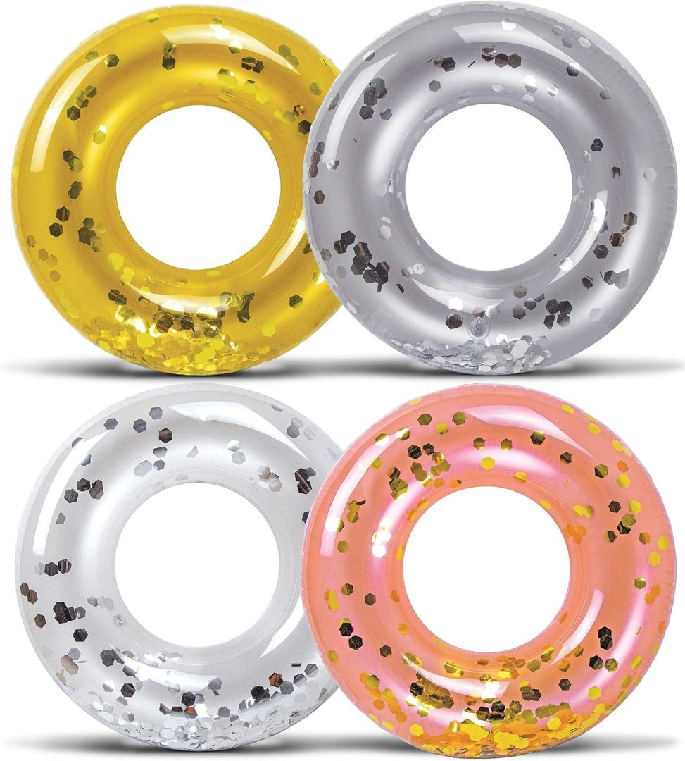 POZA Inflatable Pool Float Tube  Sparkly Confetti Swim Ring, Heavy Duty UV Resistant Inflatable Tube Pool Float for Kids & Adults  Multiple Colors & Sizes  Beach, Lake & Pool Party Float (23", Silver, Gold, Pearl & Rose Gold)