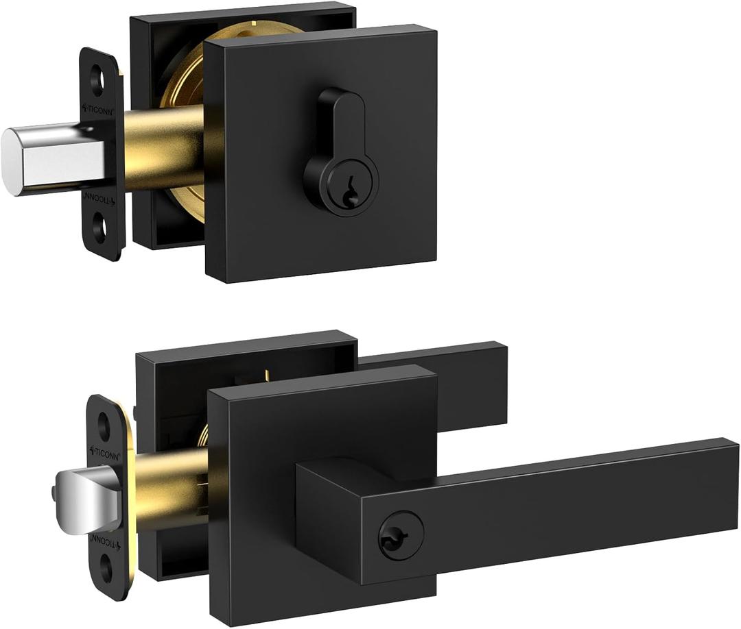 TICONN Matte Black Door Handle Heavy Duty, Reversible Square Door Lever for Bedroom, Bathroom, Rooms (Deadbolt with Keyed Entry - Not keyed Alike, 1 Pack)