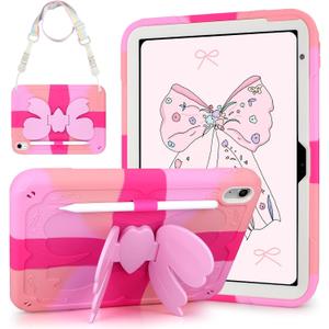 VOFUOE for iPad A16 Case 11th Generation 2025 11 Inch, for iPad 10th Generation Case 2022 10.9 Inch for Kids Girls with Sweet Bow Stand Shoulder Strap Pencil Holder Hard Protective Cover-Hot Pink
