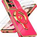for Motorola Moto G 5G 2025 Love Heart Kickstand Case with 2X Screen Protector: Luxury Plated Gold Edge Slim Soft TPU Shockproof Protection Case Cover for Moto G 5G 2025 (Hot Pink)