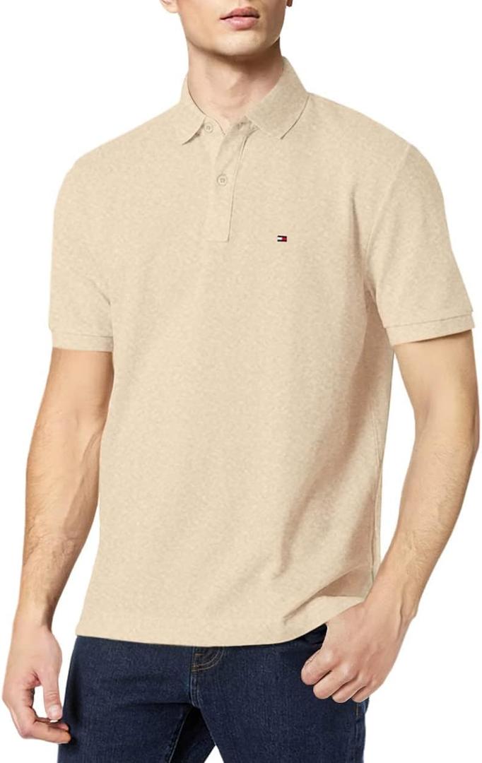 Tommy Hilfiger Men's Short Sleeve Cotton Pique Polo Shirt in Classic Fit (Large, Khaki Heather)
