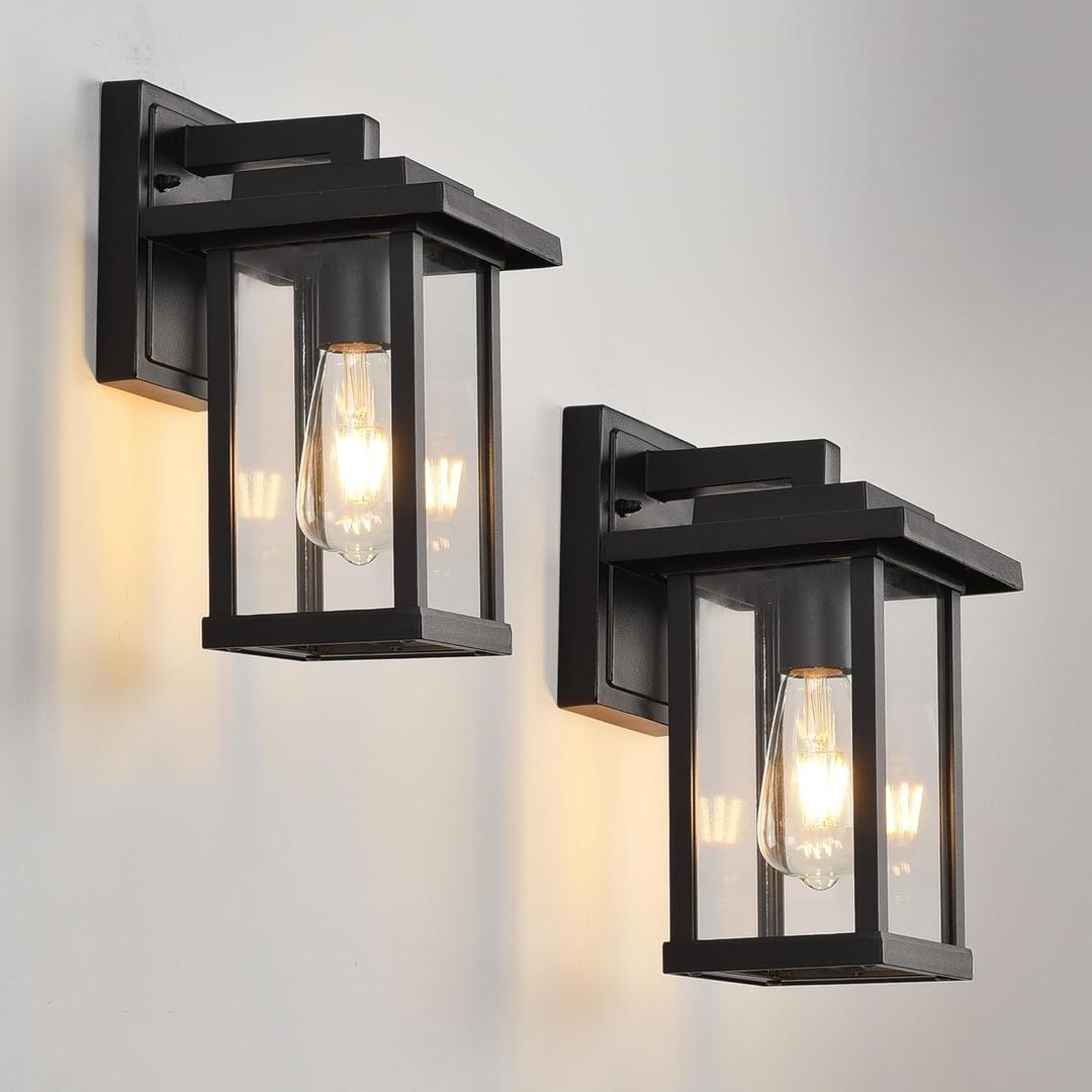 Outdoor Wall Light Fixtures, Modern Exterior Wall Mount Lanterns, Outside Wall Sconces in Black Finish with Clear Glass for Porch Patio Farmhouse, 2-Pack (11.4 inch Ordinary)