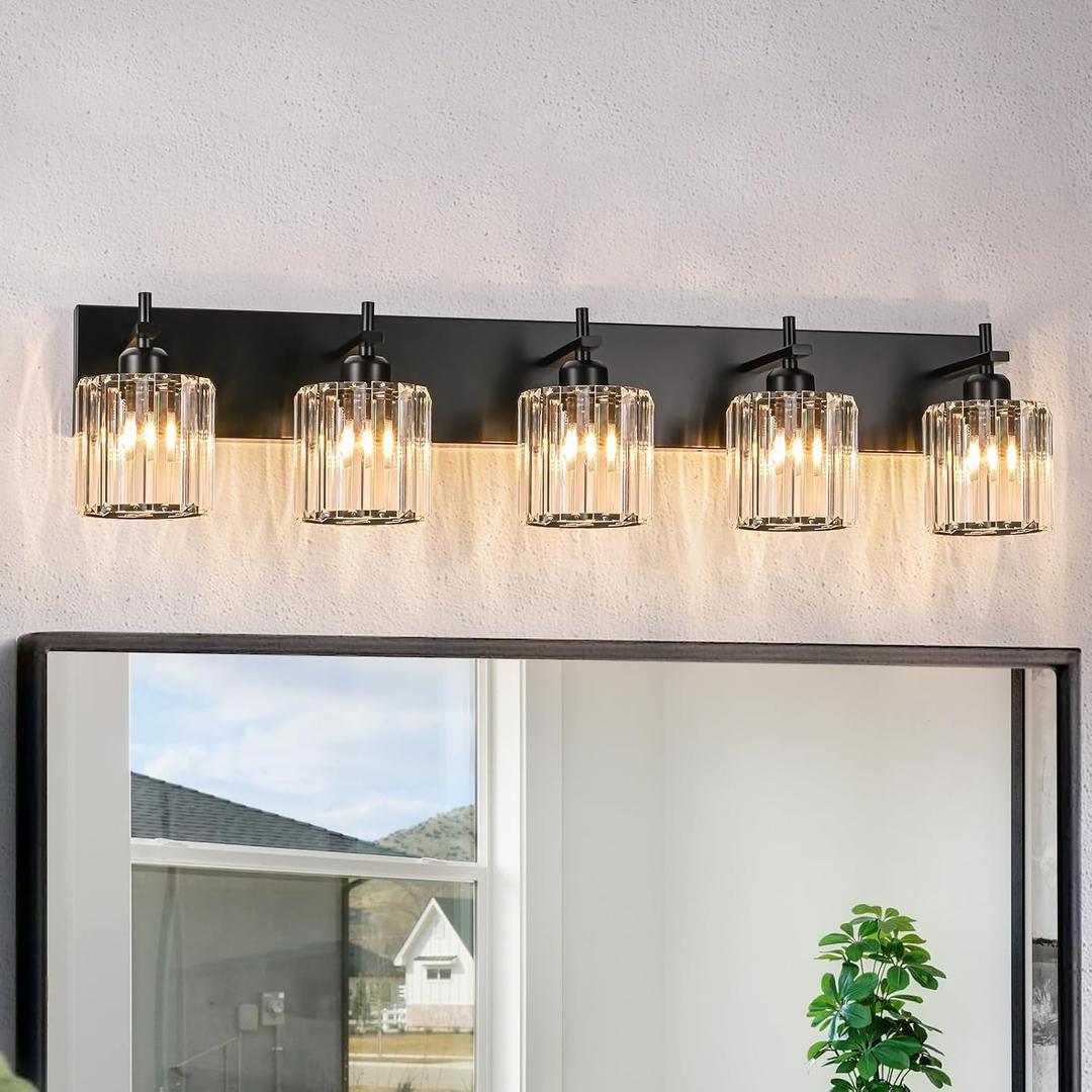 Black Crystal Bathroom Vanity Lights, Modern 5-Lights Bathroom Lighting Fixtures Over Mirror, Crystal Wall Lighting with Round Shade