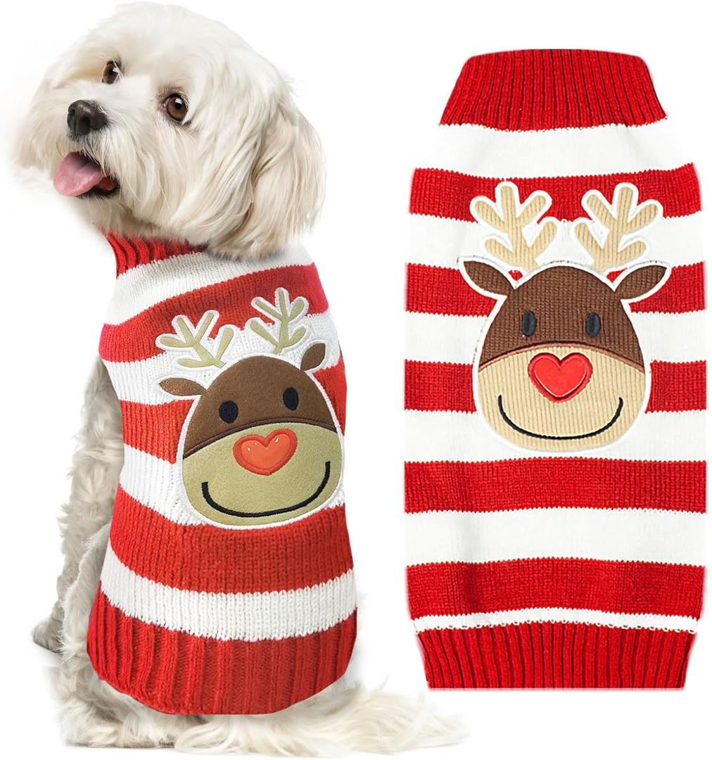 Dog Christmas Sweater Cute Striped Reindeer Xmas Pet Clothes Holiday Puppy Cat Costume New Year Gifts for Small Medium Large Dogs Jumpers (L, Red White Stripe Reindeer)
