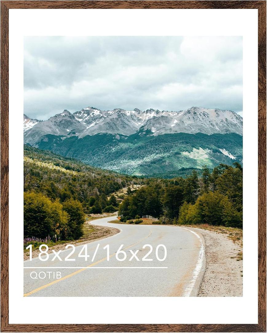 Wood 18x24 Picture Frame with 16x20 Mat Deep Brown, Display 16x20 with Mat or 18x24 Without Mat, Wood 18 by 24 Photo Frame, 18 x 24 Frame for Wall Hanging Display, Deep Brown