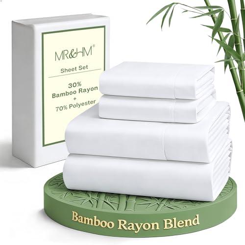 MR&HM King Size Sheets Set, 4-Piece Cooling Sheets, Rayon Derived from Bamboo & Polyester Blend, Soft & Silky, 15" Deep Pockets with Elastic Straps, Hotel Luxury for Hot Sleepers, White