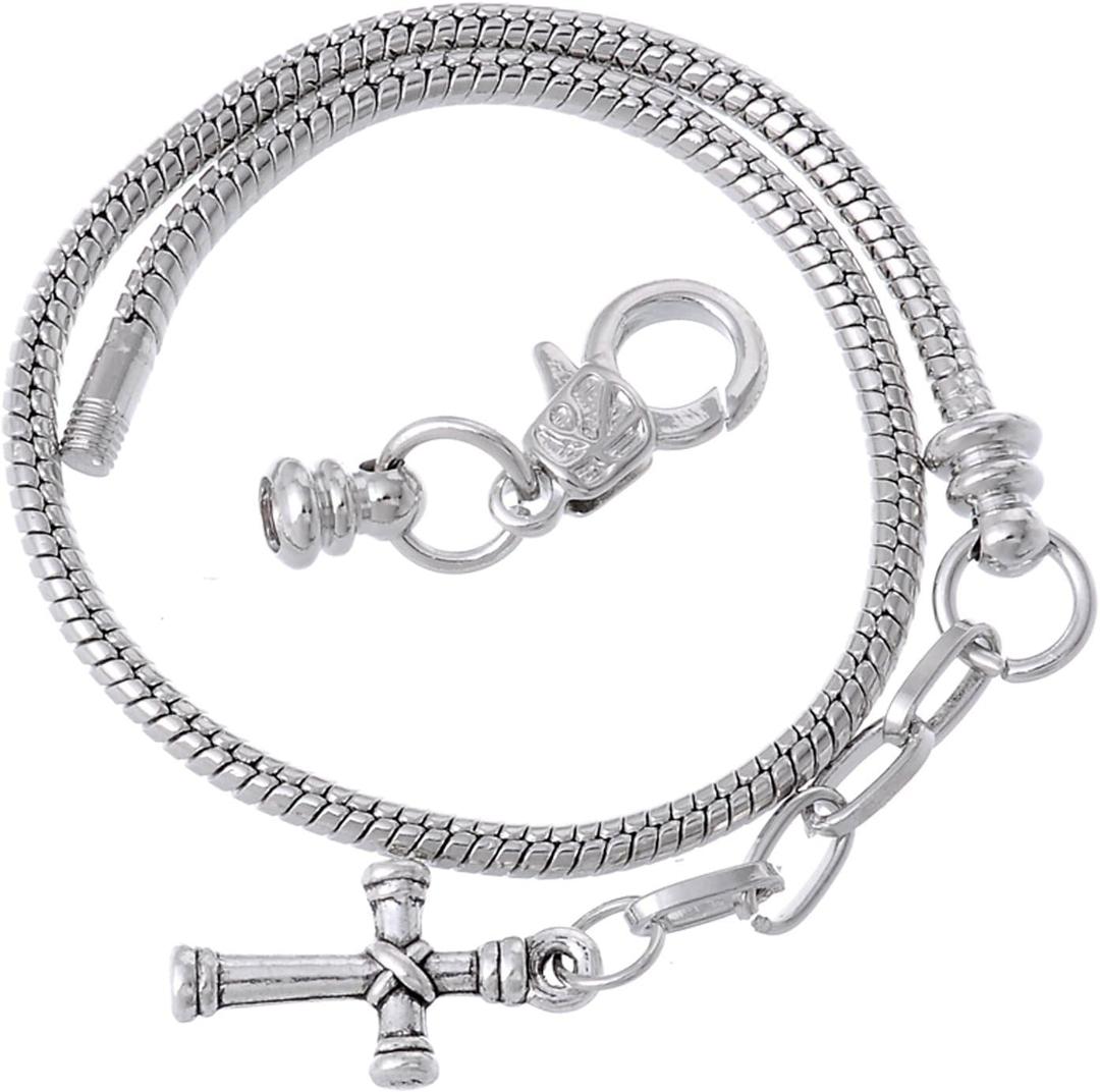 RUBYCA 5pcs 6.3" Lobster Clasp Cross Pendant Bead Snake Chain European Charm Bracelet Silver Tone (Model 102 Silver)