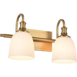 Vintage Bathroom Vanity Light Fixtures, Aged Brass 2 Lights Wall Sconce Lighting with Opal Glass Shade, Porch Wall Mount Light Fixture for Bathroom, Mirror Cabinets Hallway Stairs