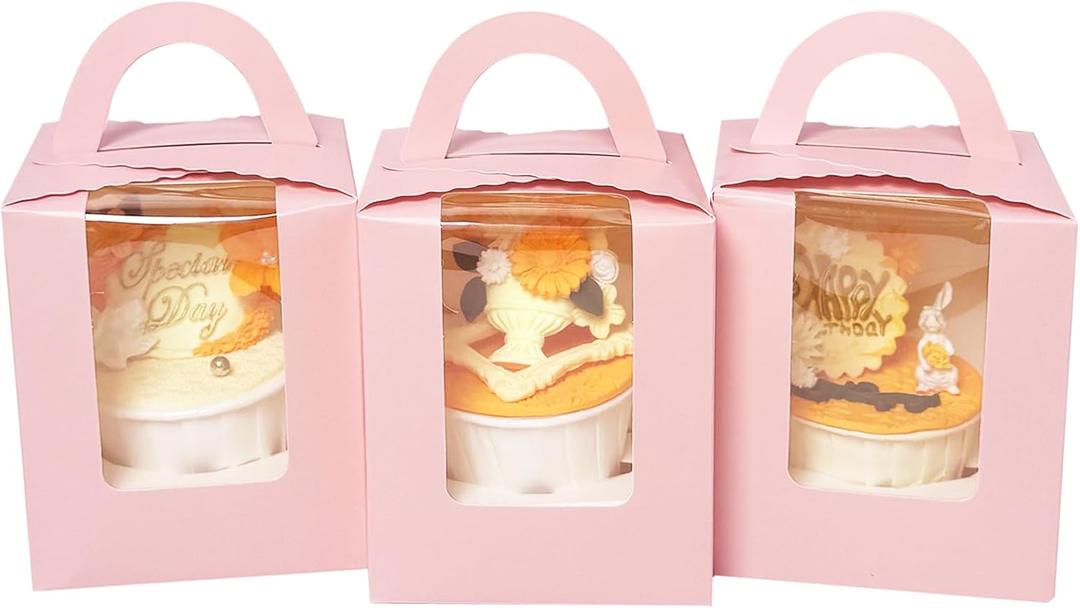 Bakepacker Auto-pop up Individual Cupcake Boxes with Window 25 Count Pink Single Cupcakes Box 3.7 x 3.7 x 4.3inch Cupcake Carrier