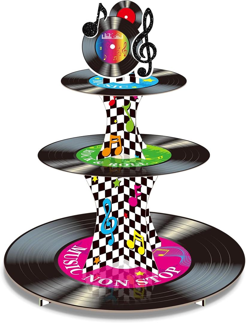3 Tier 1950's Rock and Roll Music Party Decorations Record Cupcake Stand Vinyl Record Cupcake Holder Music Not Stop Dessert Tower for 50s Retro Theme Music Party Supplies