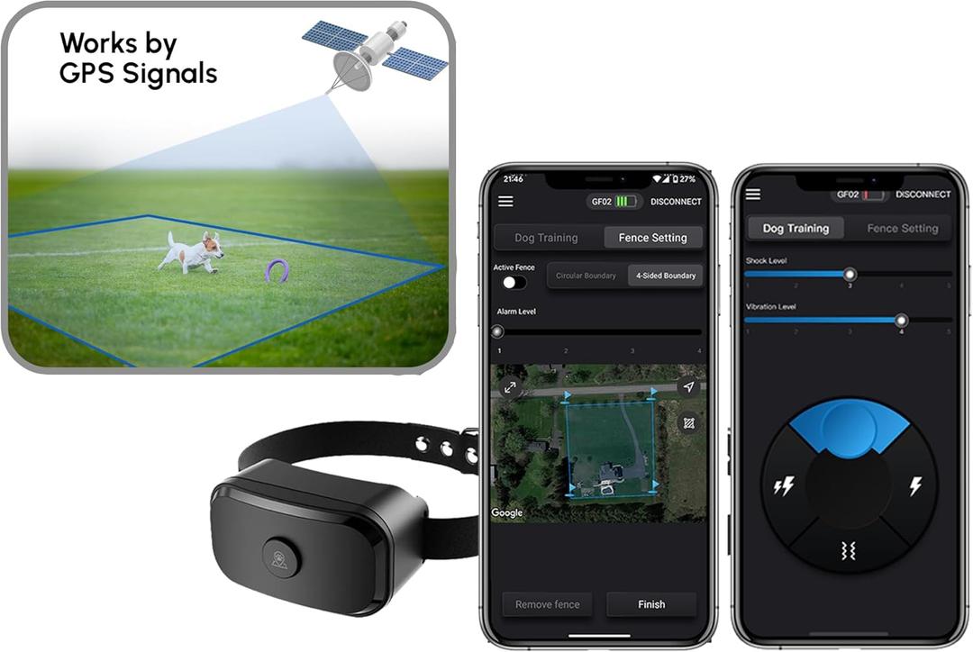GF02e-GPS Dog Fence, Wireless Dog Fence with No Subscription, Virtual Dog Containment System with Customizable Boundary, 2-in-1 Training Collar, Waterproof & Rechargeable for Medium Large Dogs