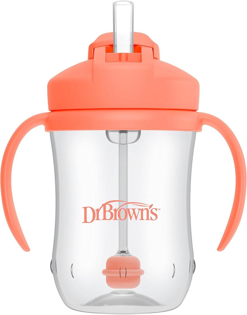 Dr. Brown's Milestones Baby's First Straw Cup, Training Cup with Weighted Straw, 9oz/270mL, Coral, BPA Free, 6m+