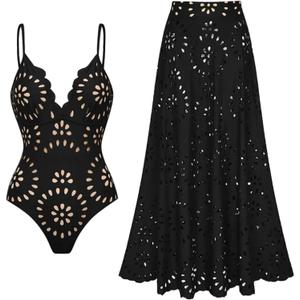 FLAXMAKER Women's One Piece Bathing Suit Petal Hollow V Neck Swimsuit and Skirt (Black, M)