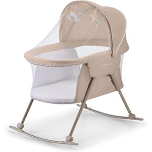 Kinderkraft LOVI Travel Bassinet for Baby, Portable Folding Baby Bed with Built-in Mosquito net, Adjustable Hood and an Additional Cradle Function, Beige, Crib
